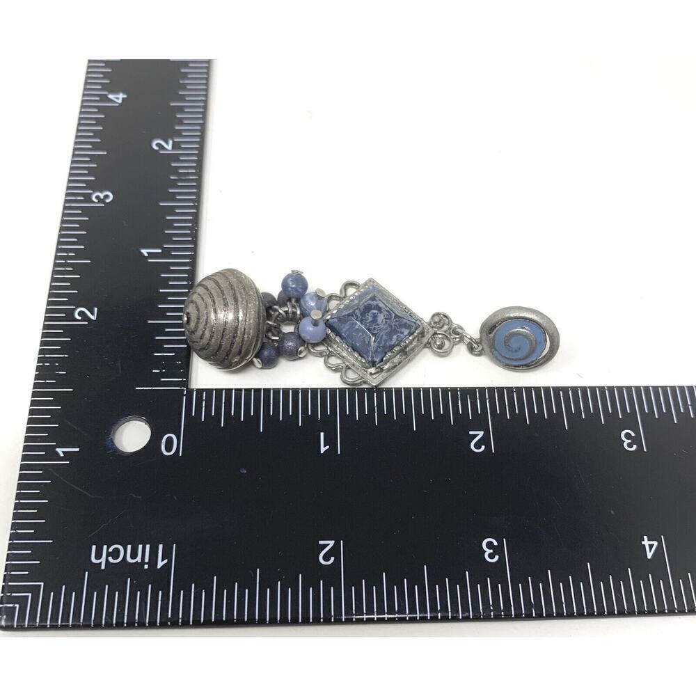 Vintage Y2K Bohemian Beaded Blue Silver Tone Pierced Dangle Earrings Art to Wear - Picture 4 of 4